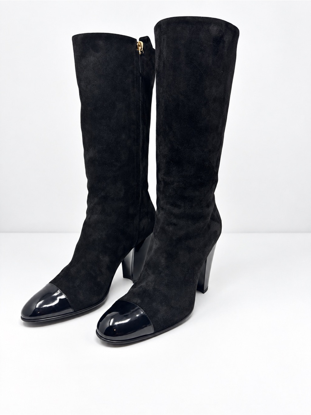 CHANEL 2023 Black Suede Patent Cap Toe Interlocking CC Mid-Calf Boots 41